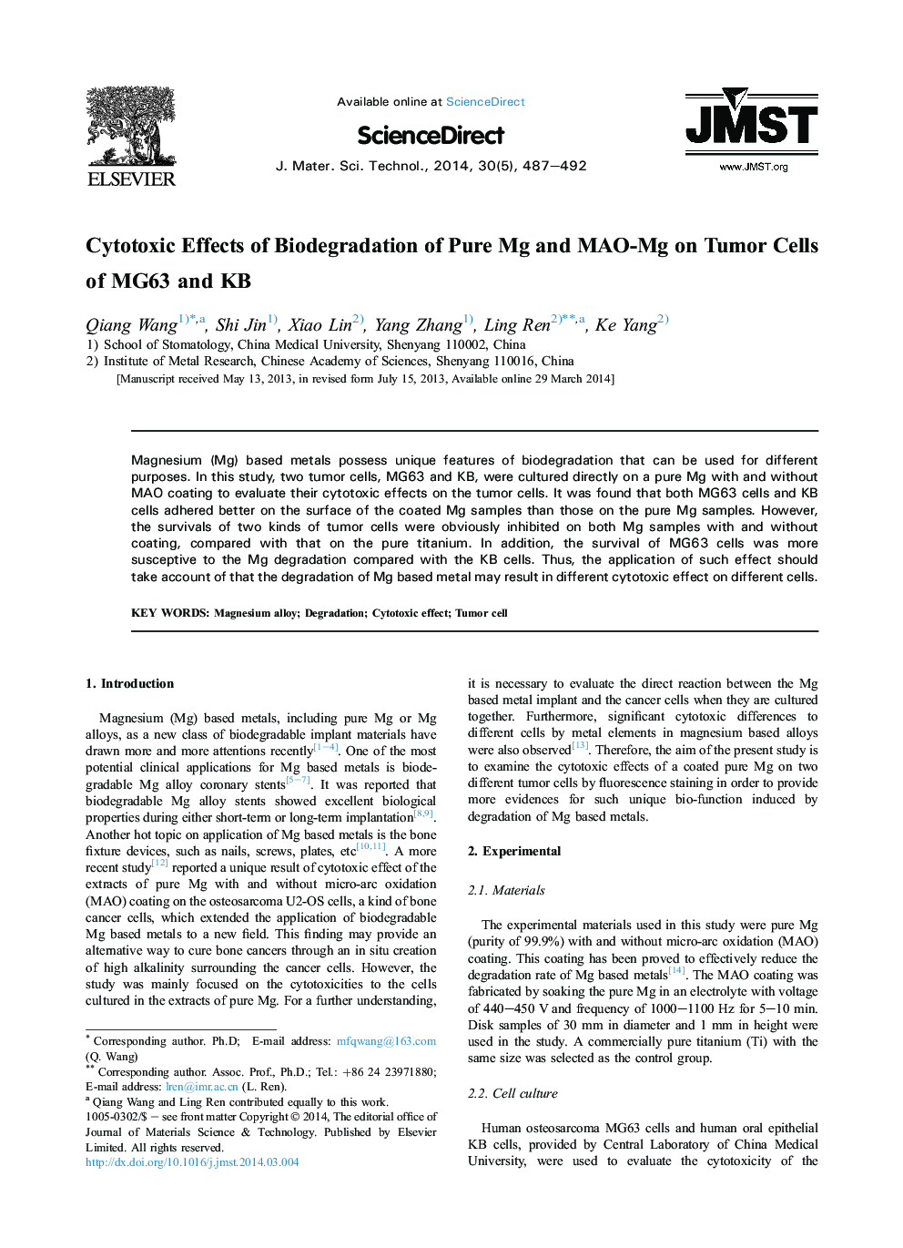 Cytotoxic Effects of Biodegradation of Pure Mg and MAO-Mg on Tumor Cells of MG63 and KB