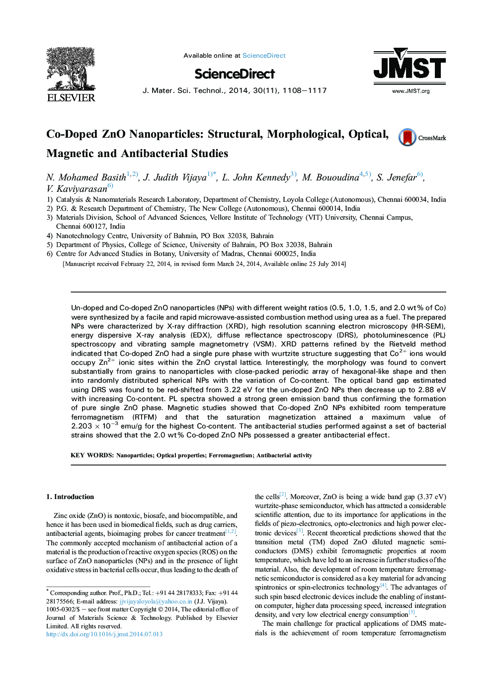 Co-Doped ZnO Nanoparticles: Structural, Morphological, Optical, Magnetic and Antibacterial Studies