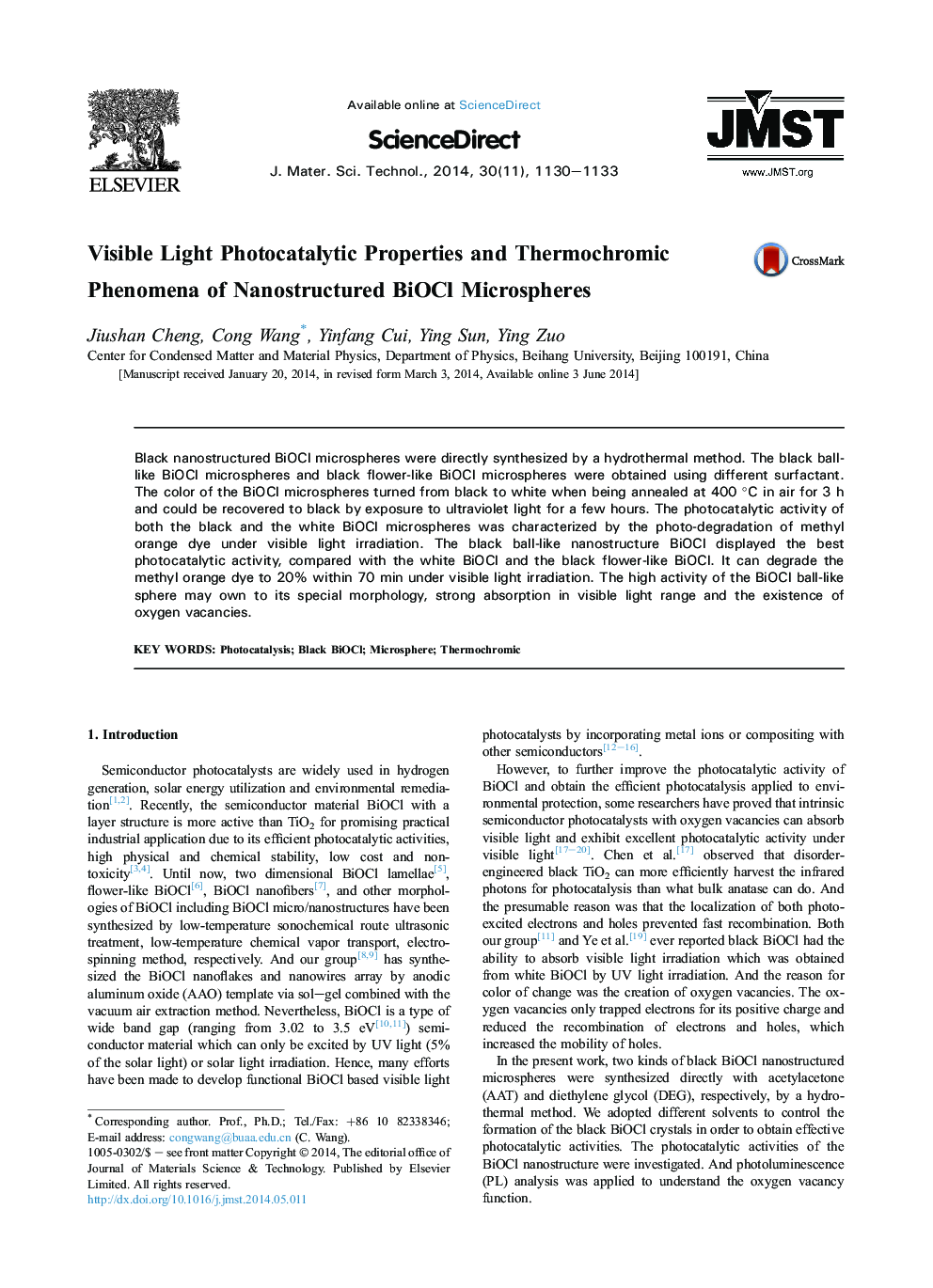 Visible Light Photocatalytic Properties and Thermochromic Phenomena of Nanostructured BiOCl Microspheres