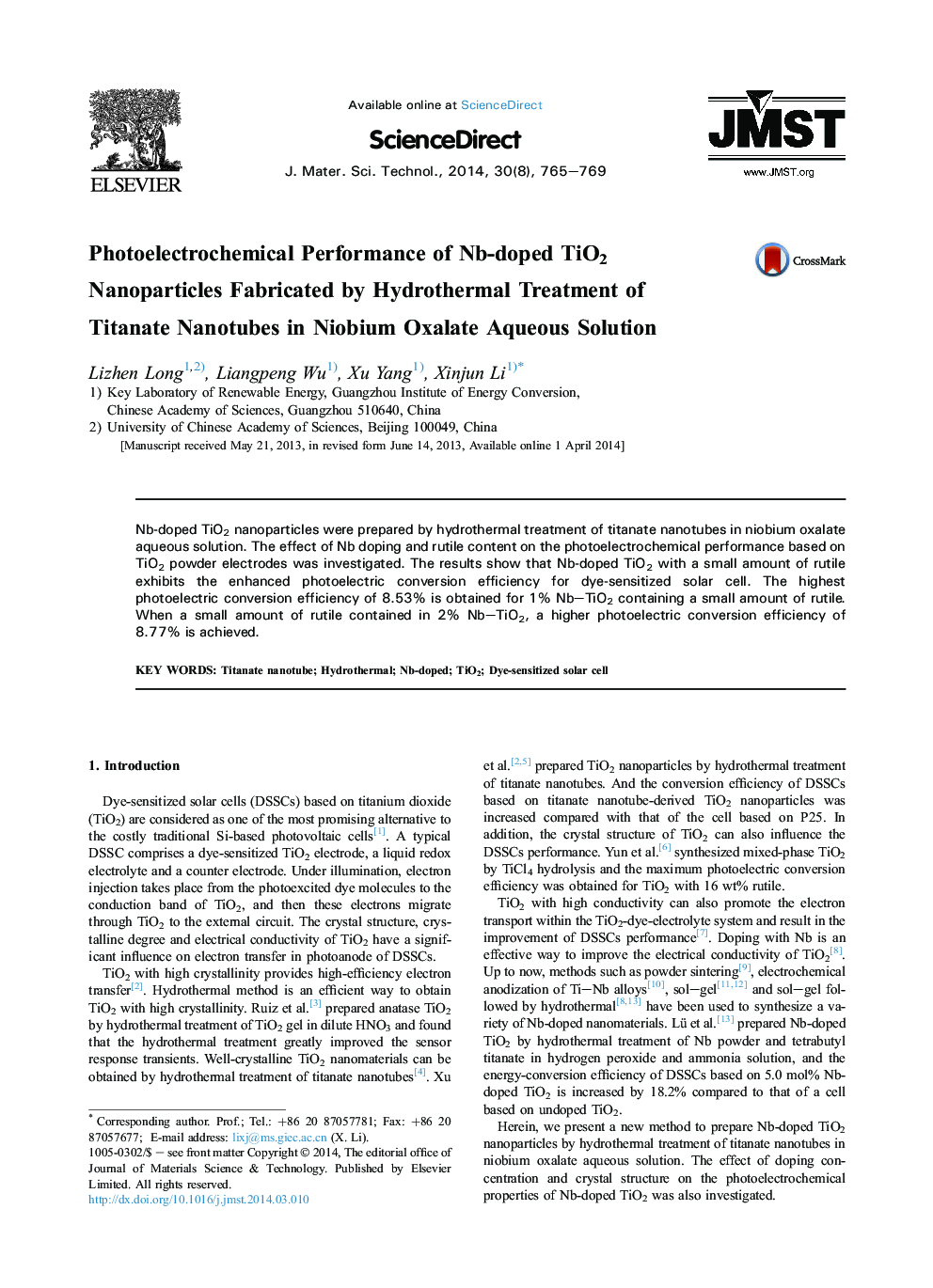 Photoelectrochemical Performance of Nb-doped TiO2 Nanoparticles Fabricated by Hydrothermal Treatment of Titanate Nanotubes in Niobium Oxalate Aqueous Solution