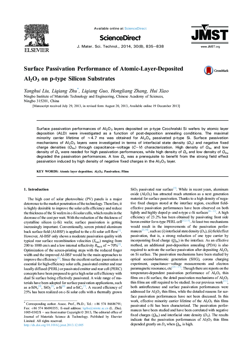 Surface Passivation Performance of Atomic-Layer-Deposited Al2O3 on p-type Silicon Substrates