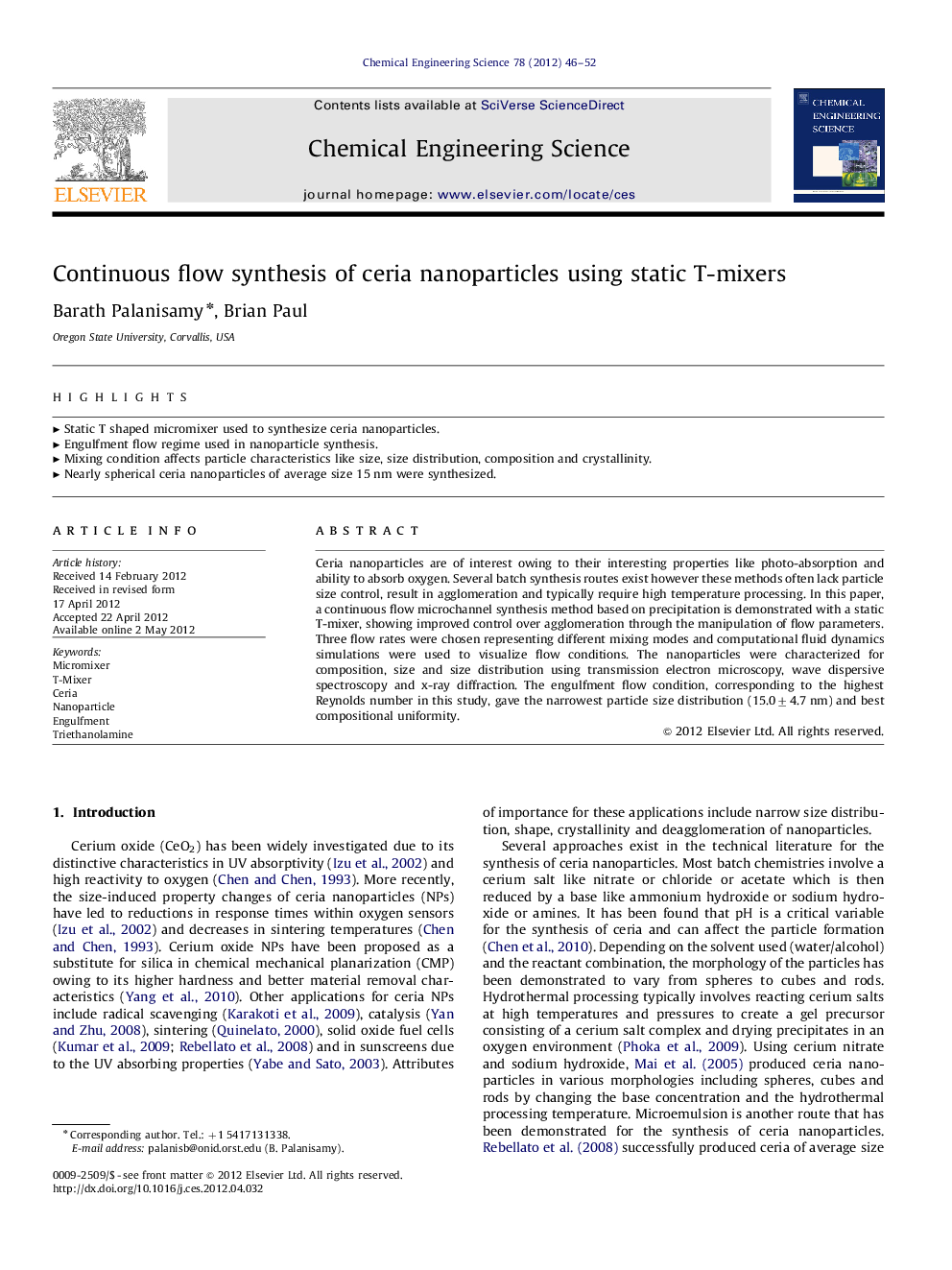 Continuous flow synthesis of ceria nanoparticles using static T-mixers