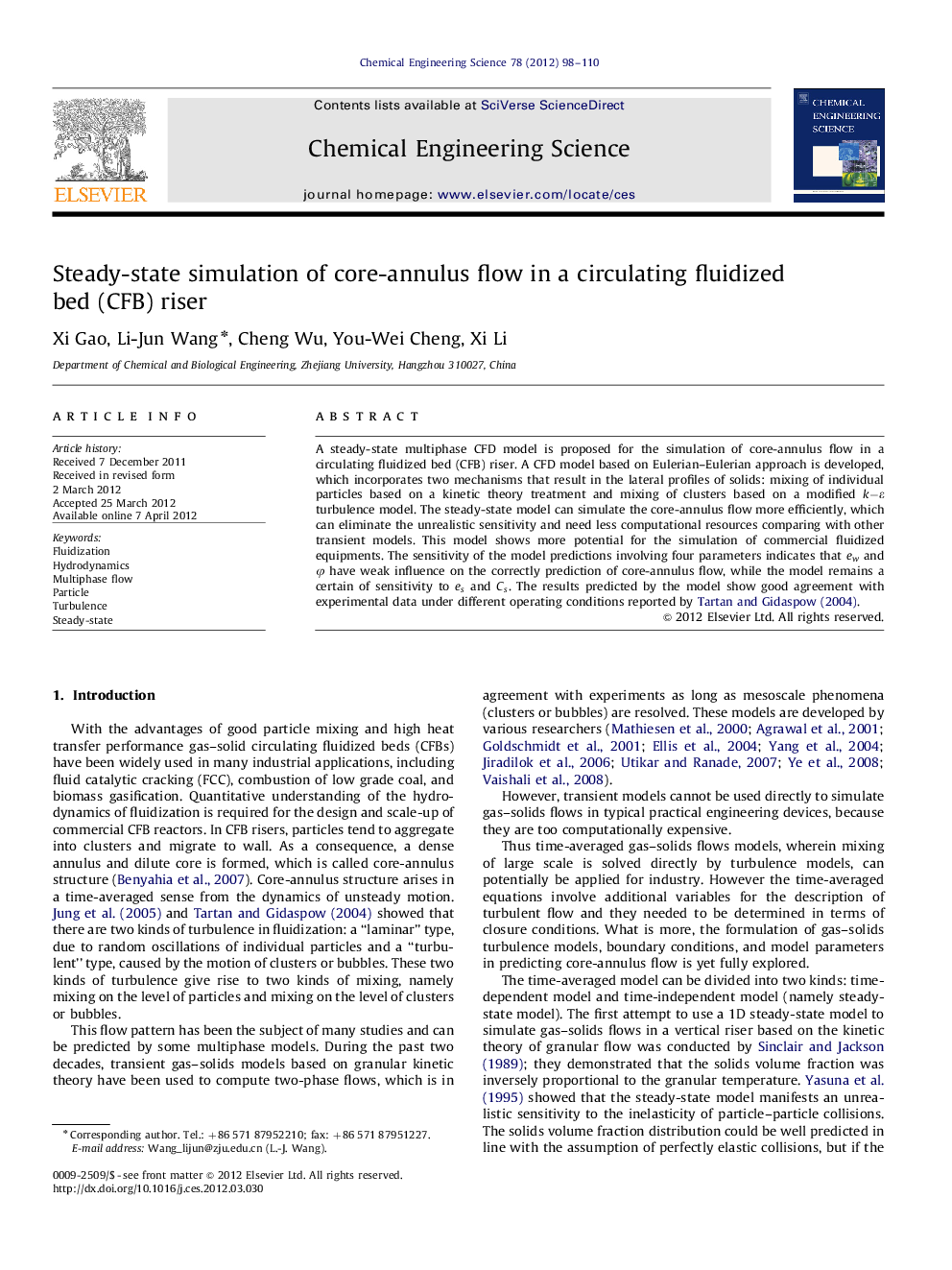 عکس صفحه اول مقاله: Steady-state simulation of core-annulus flow in a circulating fluidized bed (CFB) riser Steady-state simulation of core-annulus flow in a circulating fluidized bed (CFB) riser