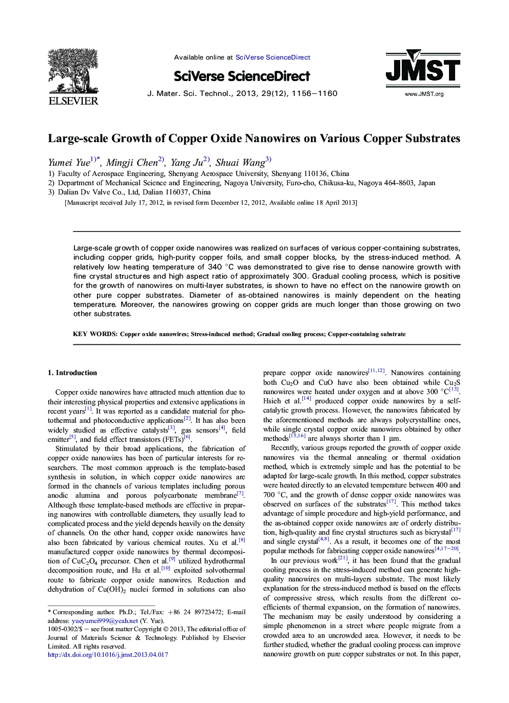 Large-scale Growth of Copper Oxide Nanowires on Various Copper Substrates