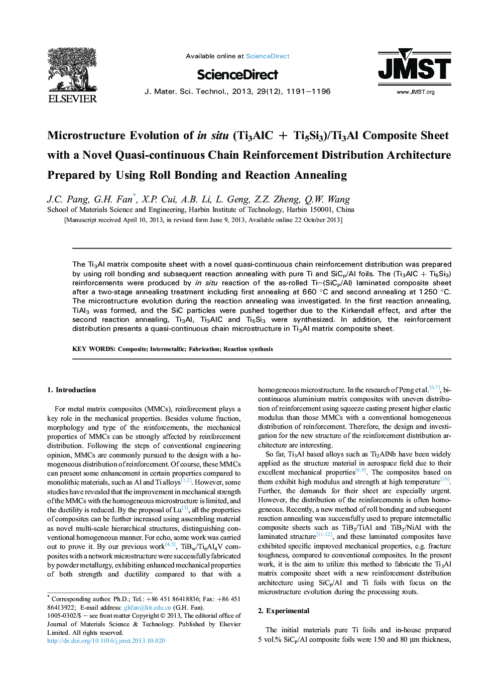 Microstructure Evolution of in situ (Ti3AlC + Ti5Si3)/Ti3Al Composite Sheet with a Novel Quasi-continuous Chain Reinforcement Distribution Architecture Prepared by Using Roll Bonding and Reaction Annealing