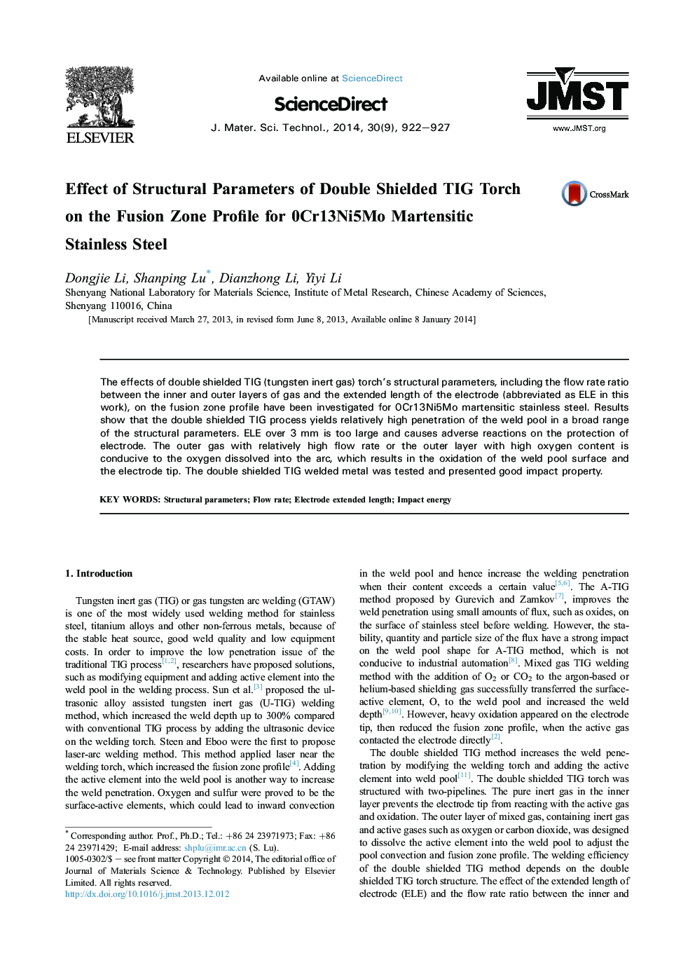 Effect of Structural Parameters of Double Shielded TIG Torch on the Fusion Zone Profile for 0Cr13Ni5Mo Martensitic Stainless Steel