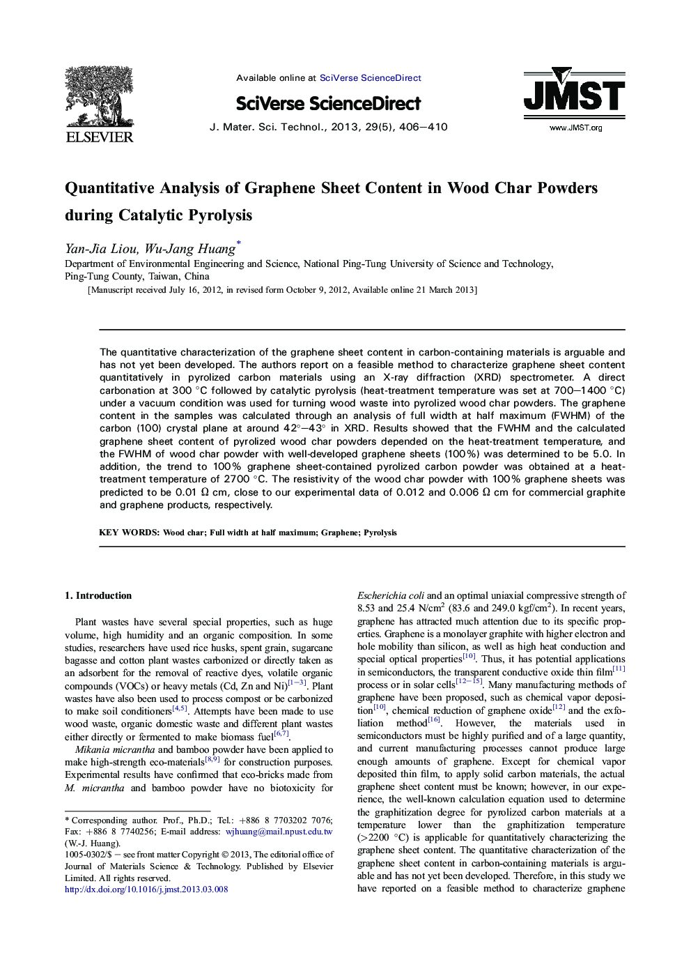 Quantitative Analysis of Graphene Sheet Content in Wood Char Powders during Catalytic Pyrolysis