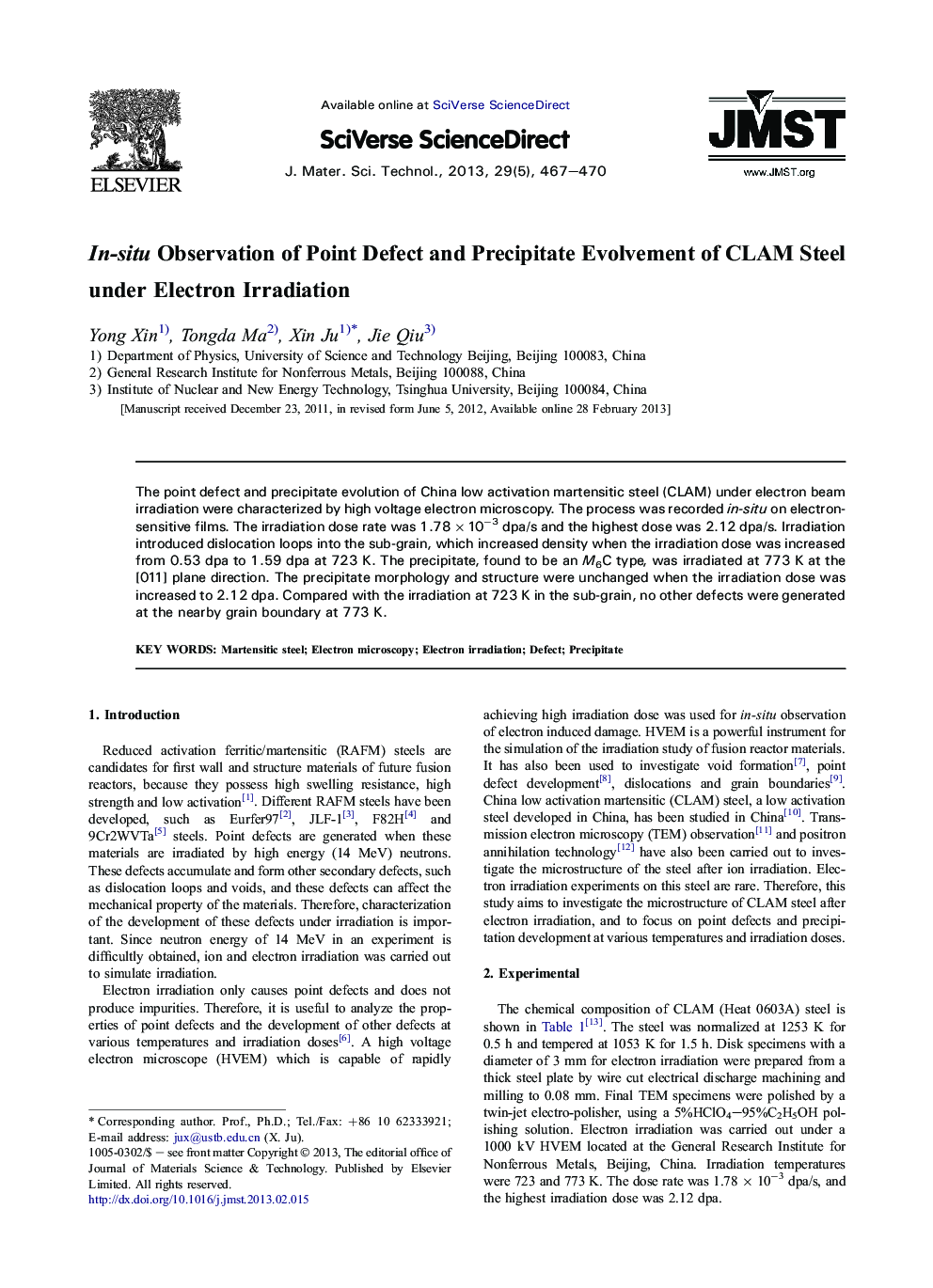 In-situ Observation of Point Defect and Precipitate Evolvement of CLAM Steel under Electron Irradiation