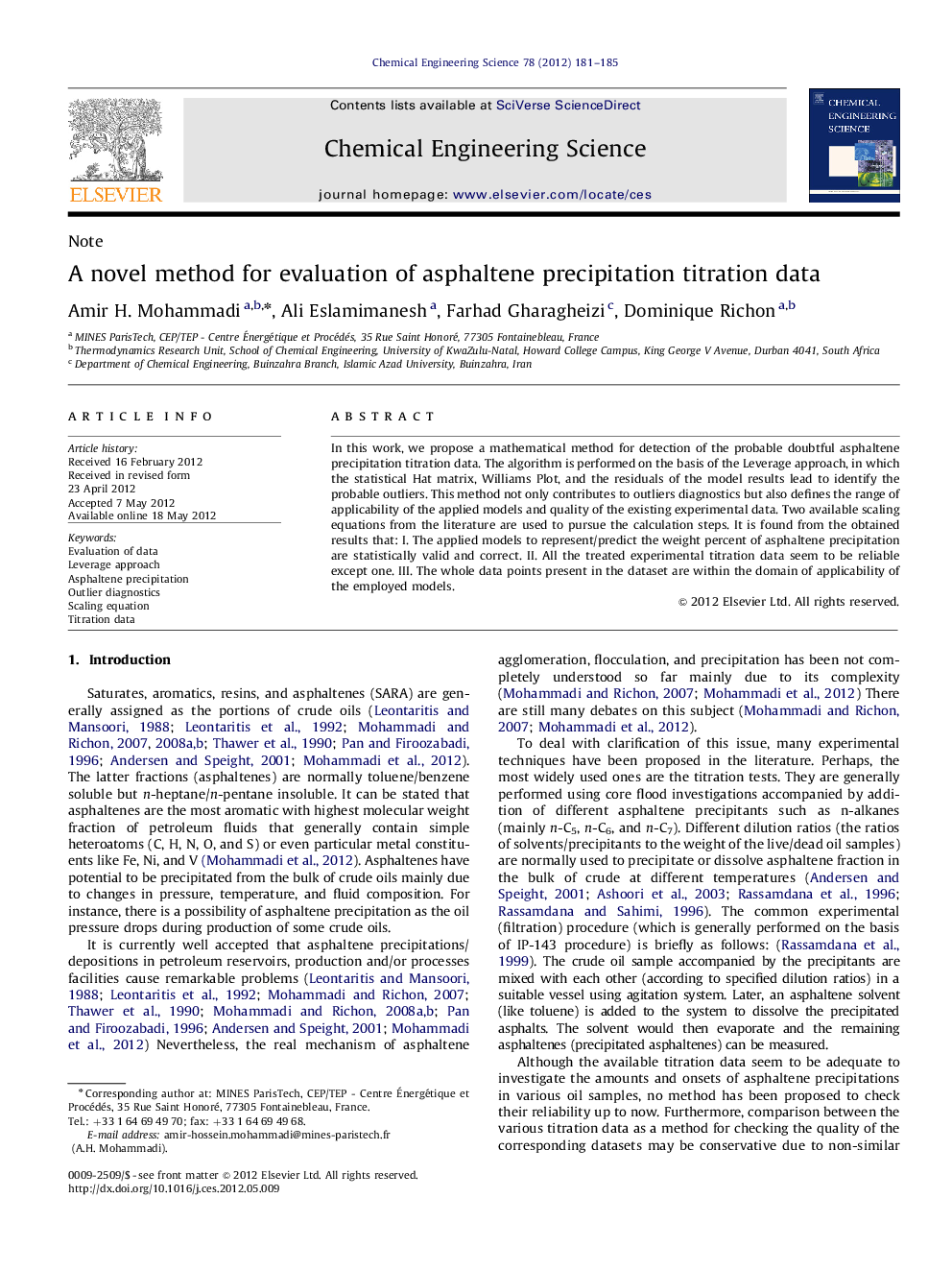 عکس صفحه اول مقاله: A novel method for evaluation of asphaltene precipitation titration data A novel method for evaluation of asphaltene precipitation titration data