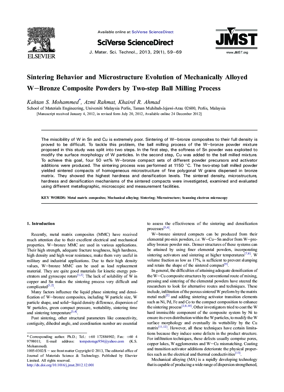 Sintering Behavior and Microstructure Evolution of Mechanically Alloyed W–Bronze Composite Powders by Two-step Ball Milling Process