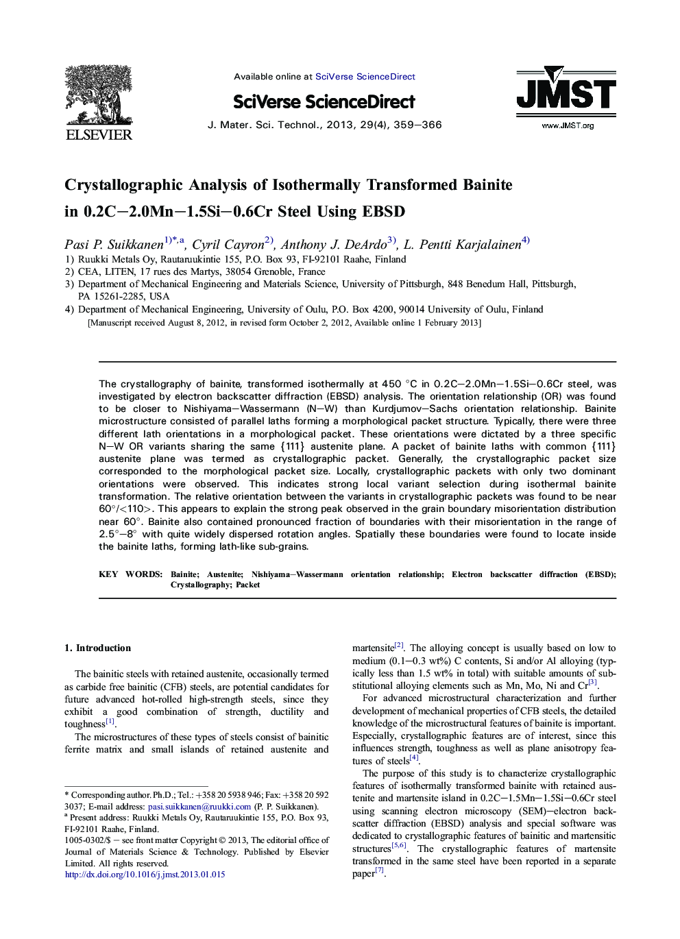 Crystallographic Analysis of Isothermally Transformed Bainite in 0.2C-2.0Mn-1.5Si-0.6Cr Steel Using EBSD