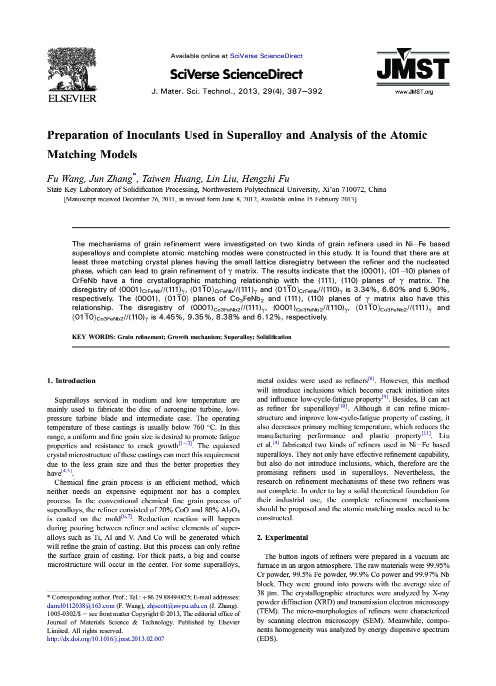 Preparation of Inoculants Used in Superalloy and Analysis of the Atomic Matching Models