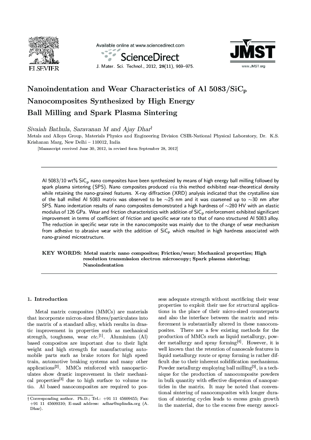 Nanoindentation and Wear Characteristics of Al 5083/SiCp Nanocomposites Synthesized by High Energy Ball Milling and Spark Plasma Sintering