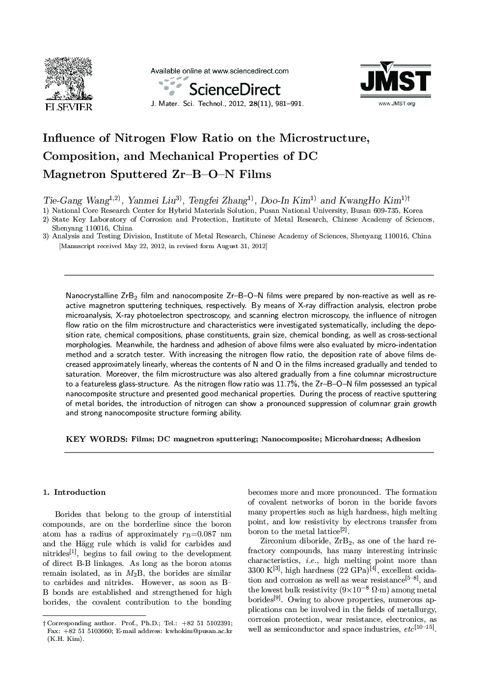 Influence of Nitrogen Flow Ratio on the Microstructure, Composition, and Mechanical Properties of DC Magnetron Sputtered Zr–B–O–N Films