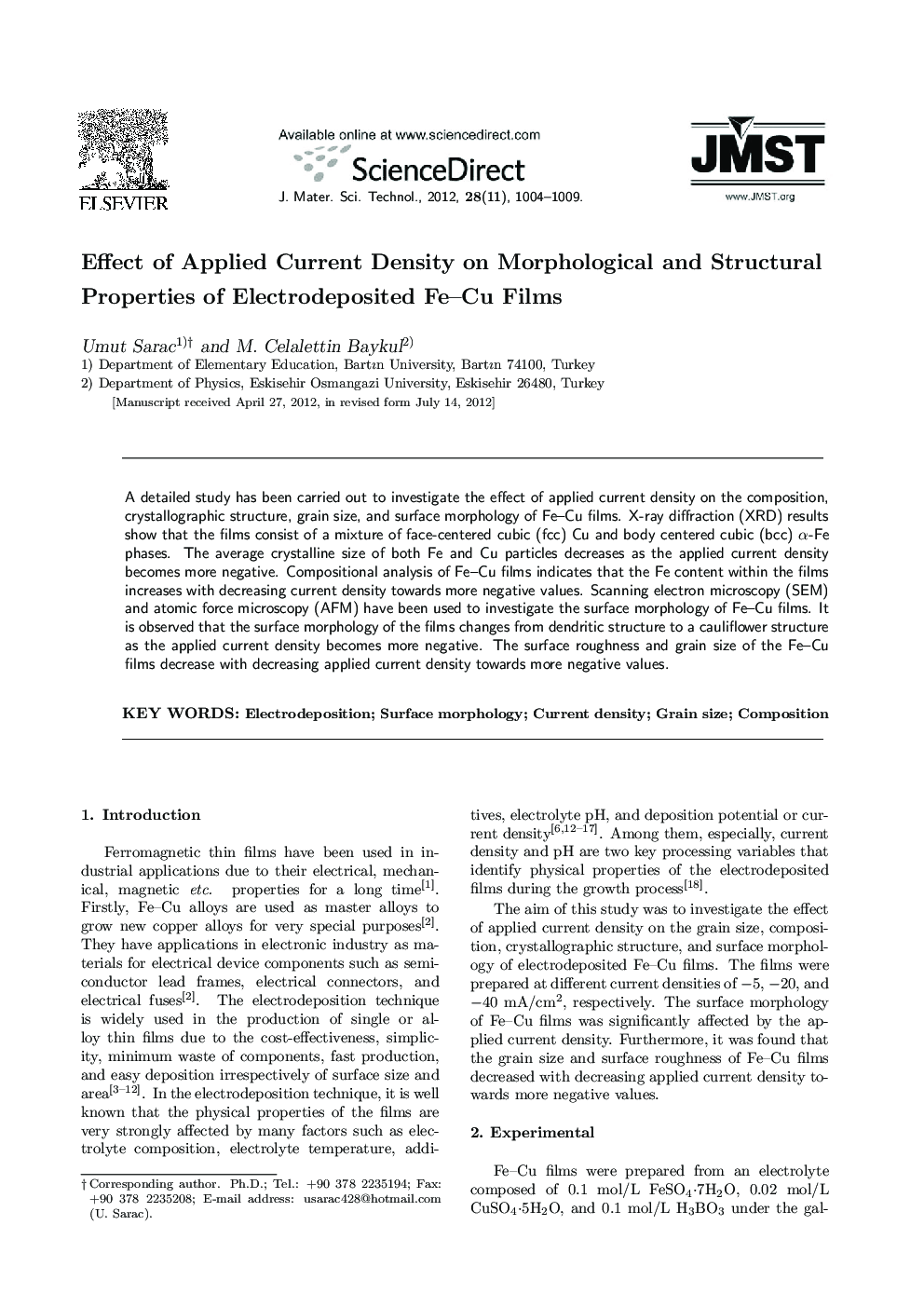 Effect of Applied Current Density on Morphological and Structural Properties of Electrodeposited Fe-Cu Films