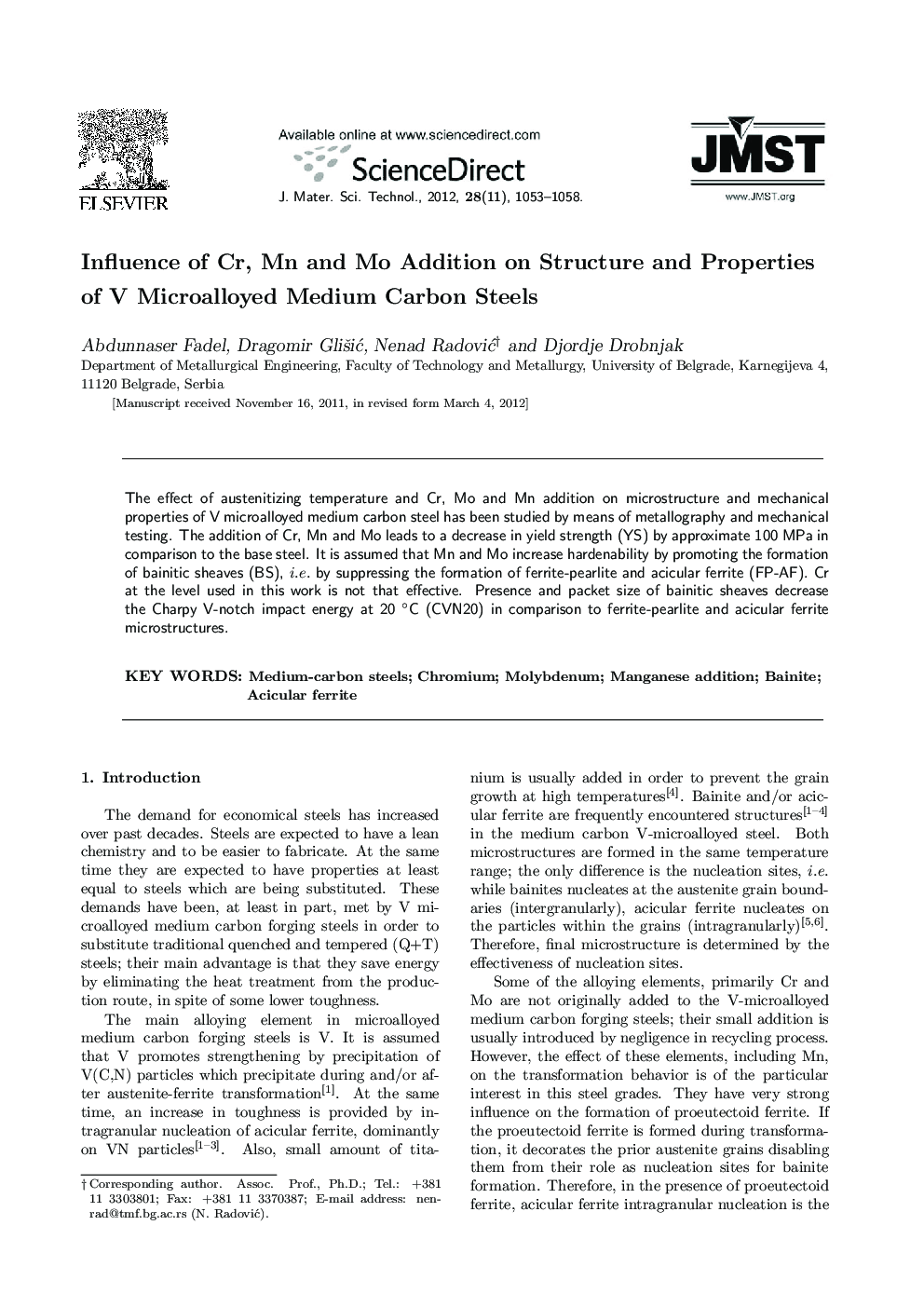 Influence of Cr, Mn and Mo Addition on Structure and Properties of V Microalloyed Medium Carbon Steels