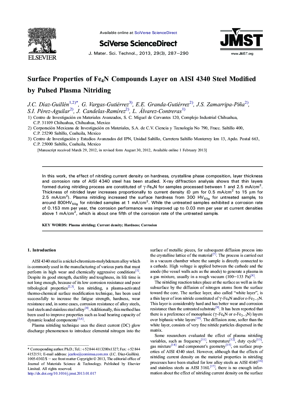 Surface Properties of Fe4N Compounds Layer on AISI 4340 Steel Modified byÂ Pulsed Plasma Nitriding