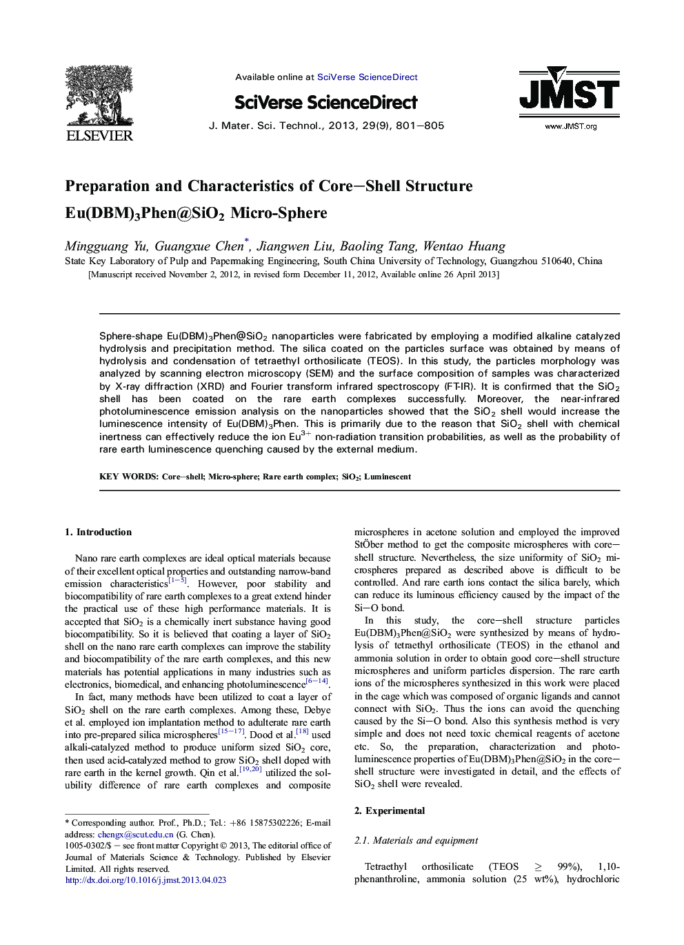Preparation and Characteristics of Core–Shell Structure Eu(DBM)3Phen@SiO2 Micro-Sphere
