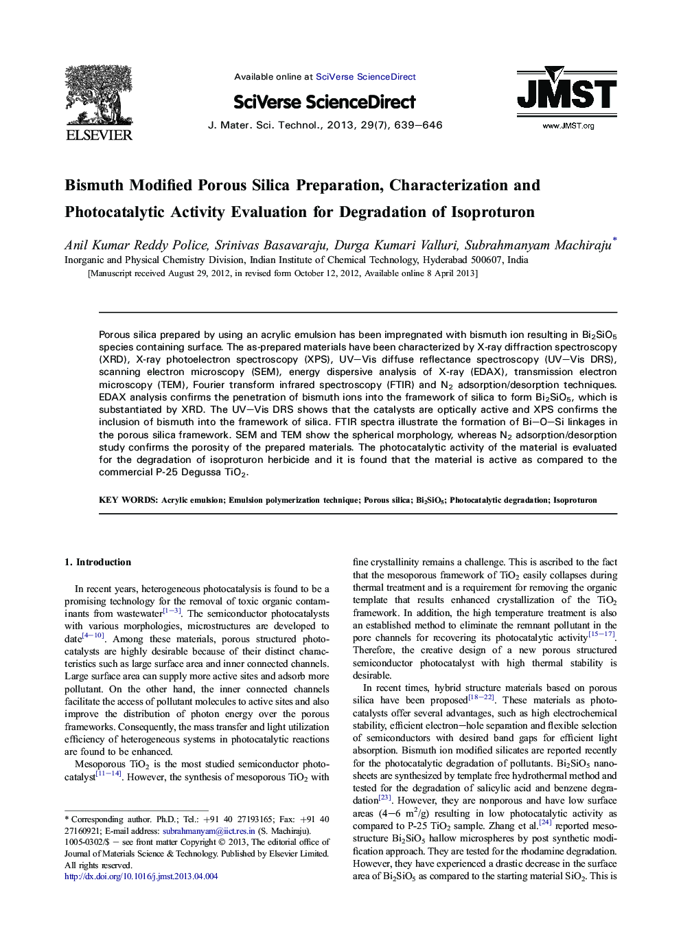 Bismuth Modified Porous Silica Preparation, Characterization and Photocatalytic Activity Evaluation for Degradation of Isoproturon