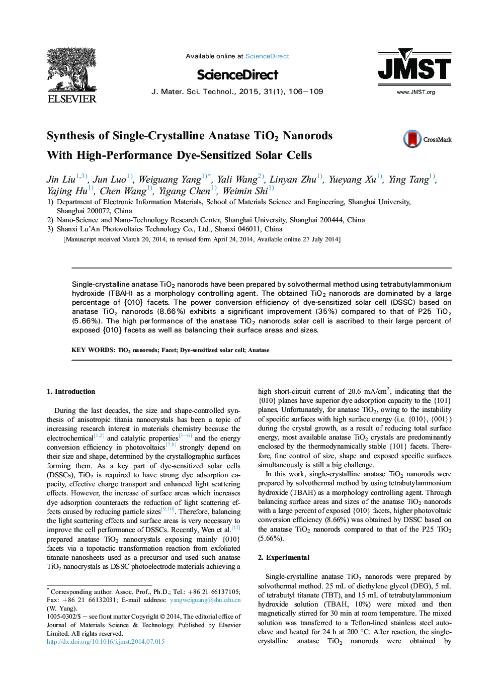 Synthesis of Single-Crystalline Anatase TiO2 Nanorods With High-Performance Dye-Sensitized Solar Cells