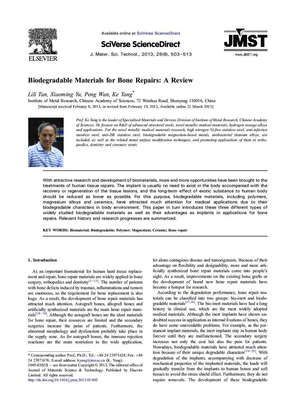 Biodegradable Materials for Bone Repairs: A Review