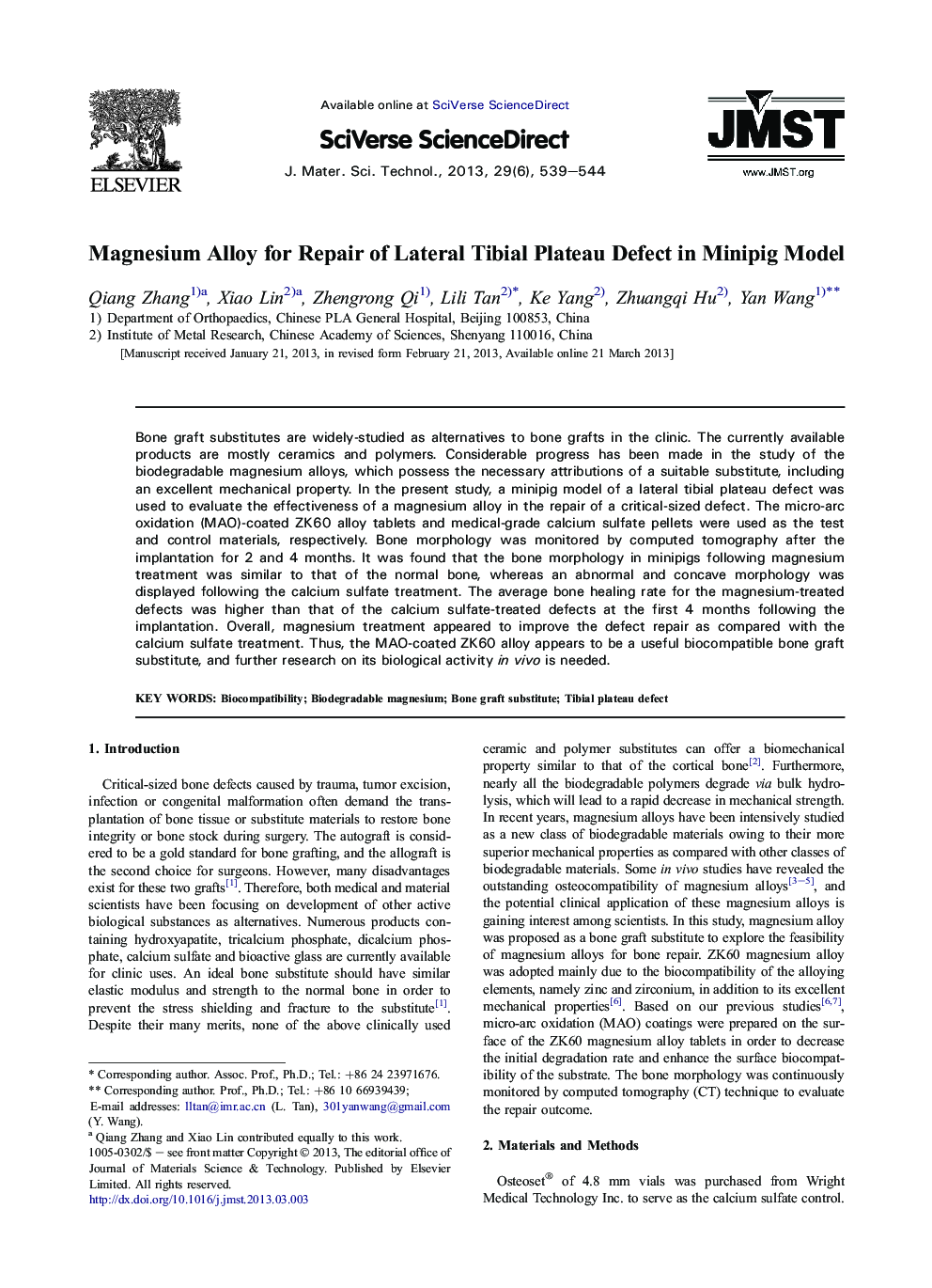 Magnesium Alloy for Repair of Lateral Tibial Plateau Defect in Minipig Model