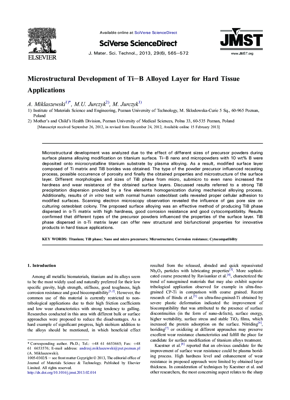 Microstructural Development of Ti-B Alloyed Layer for Hard Tissue Applications