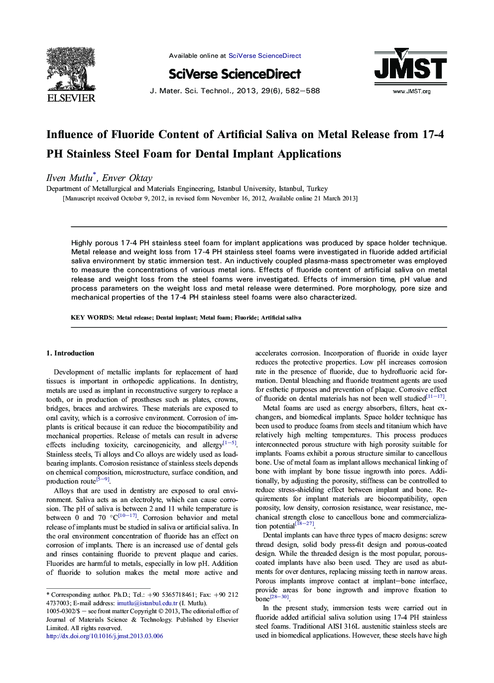 Influence of Fluoride Content of Artificial Saliva on Metal Release from 17-4 PH Stainless Steel Foam for Dental Implant Applications