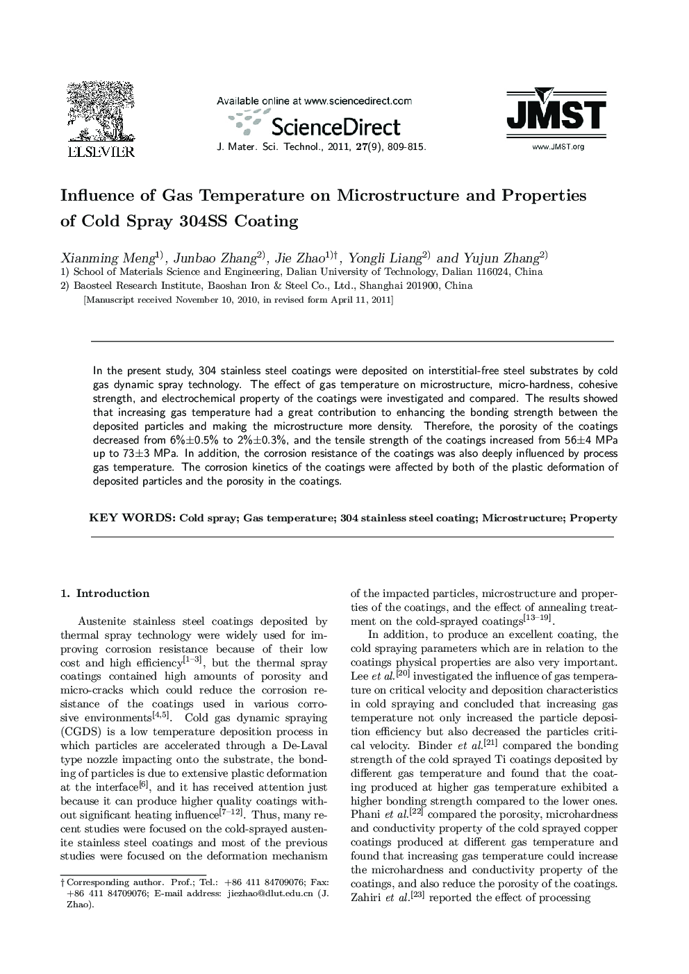 Influence of Gas Temperature on Microstructure and Properties of Cold Spray 304SS Coating