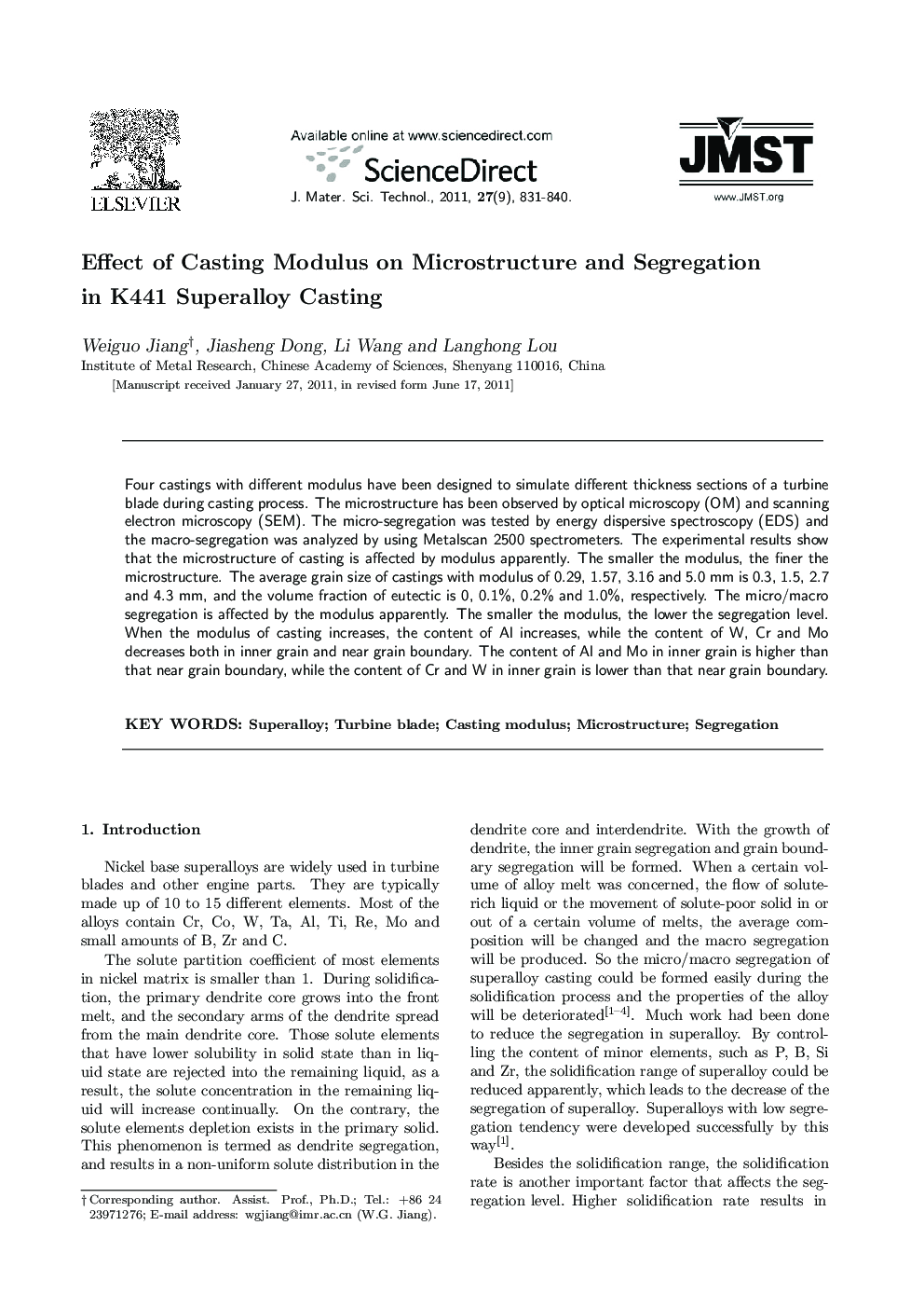 Effect of Casting Modulus on Microstructure and Segregation in K441 Superalloy Casting