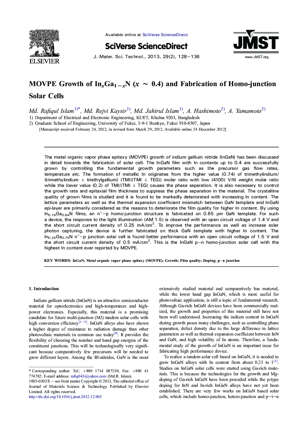 MOVPE Growth of InxGa1−xN (x ∼ 0.4) and Fabrication of Homo-junction Solar Cells