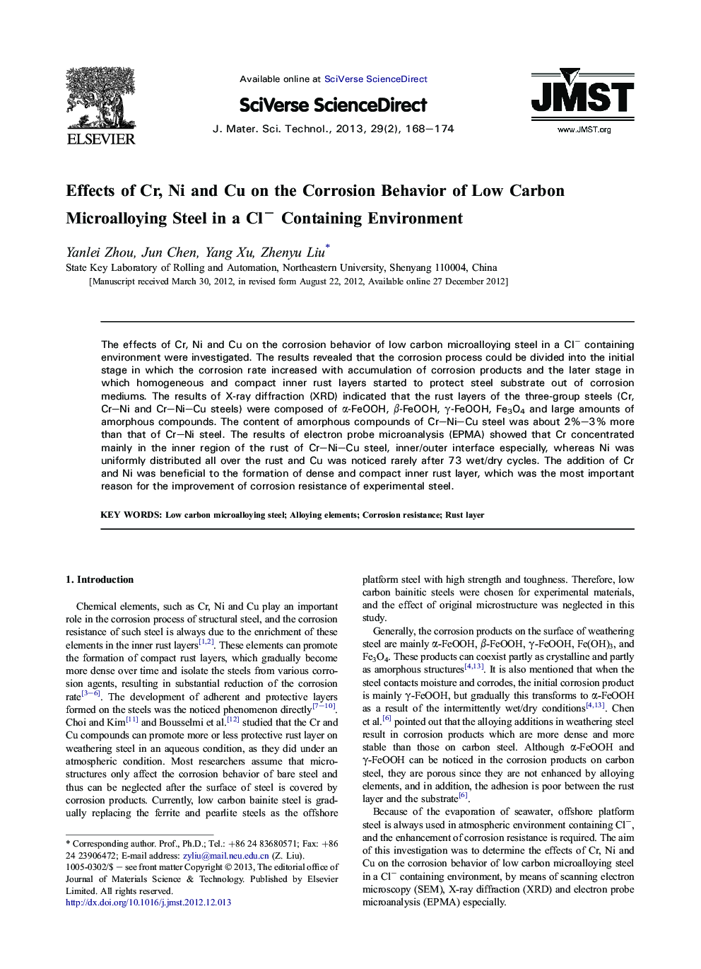 Effects of Cr, Ni and Cu on the Corrosion Behavior of Low Carbon Microalloying Steel in a Clâ Containing Environment