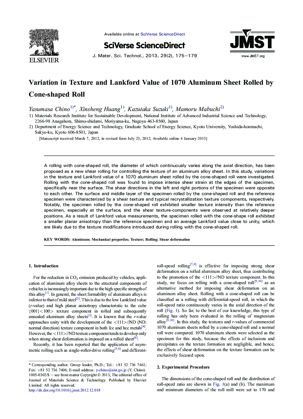 Variation in Texture and Lankford Value of 1070 Aluminum Sheet Rolled by Cone-shaped Roll