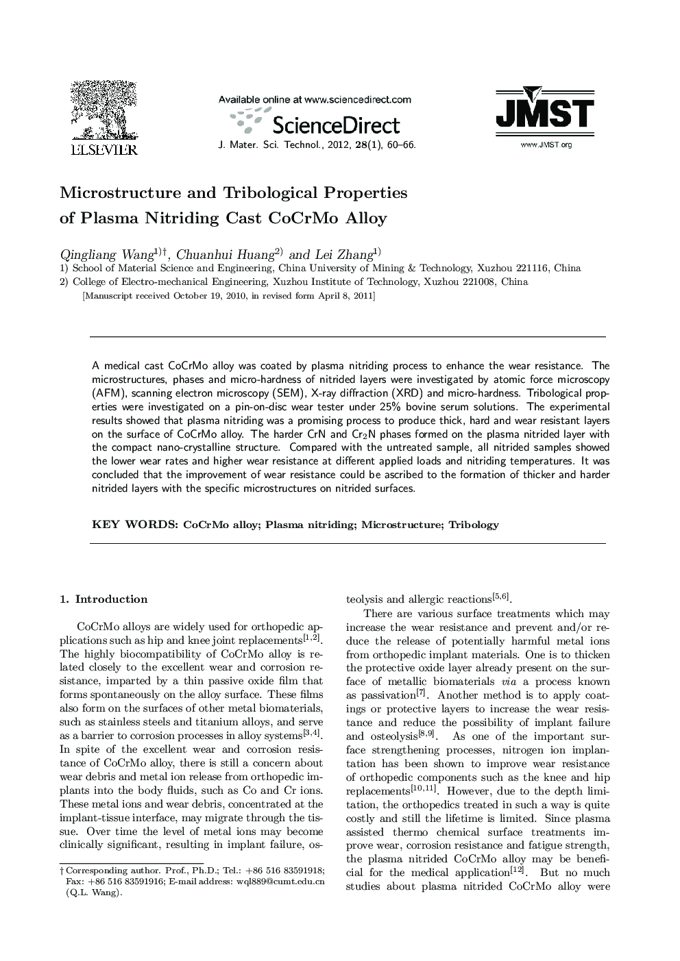 Microstructure and Tribological Properties of Plasma Nitriding Cast CoCrMo Alloy