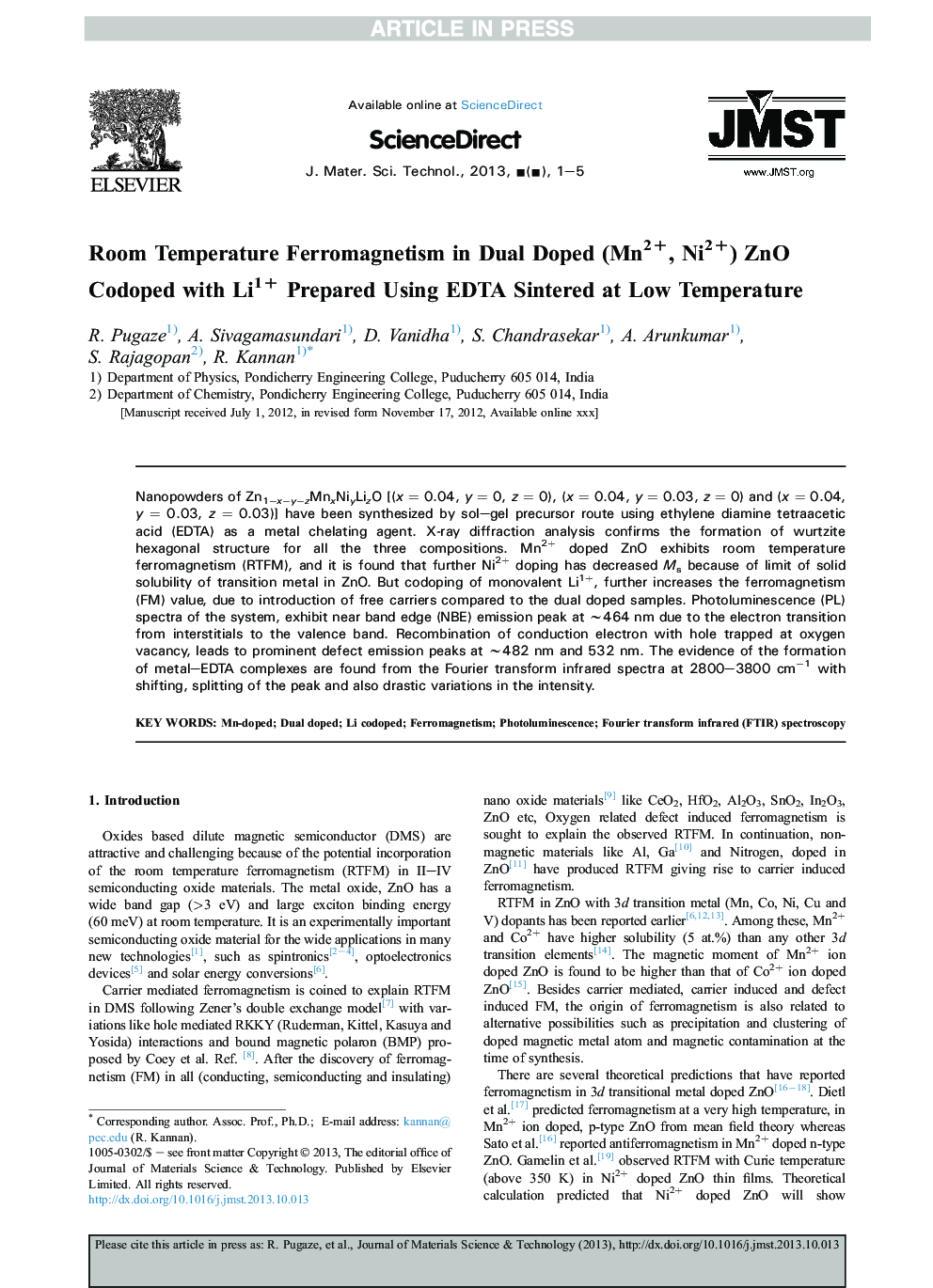 Room Temperature Ferromagnetism in Dual Doped (Mn2+, Ni2+) ZnO Codoped with Li1+ Prepared Using EDTA Sintered at Low Temperature