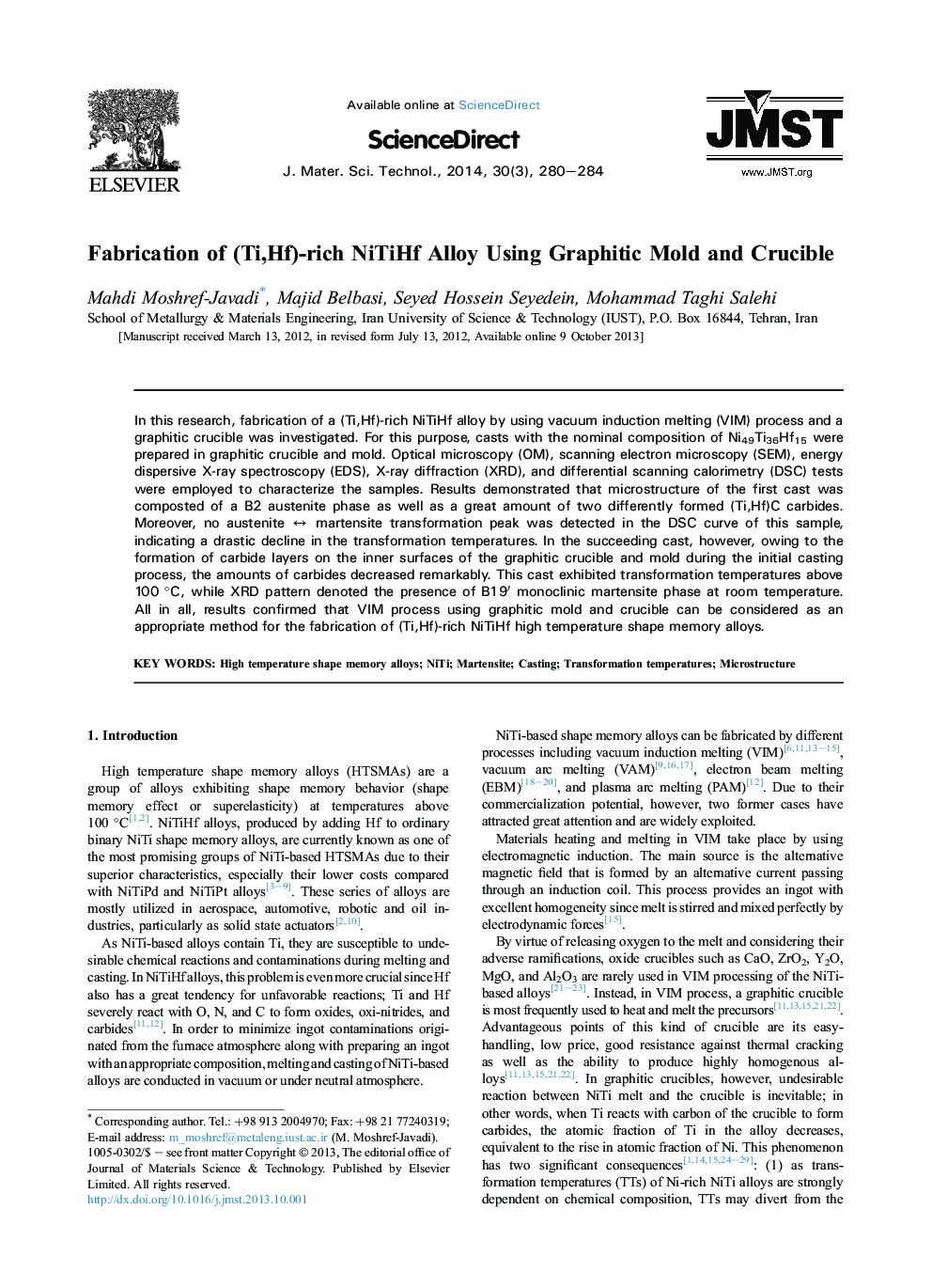 Fabrication of (Ti,Hf)-rich NiTiHf Alloy Using Graphitic Mold and Crucible