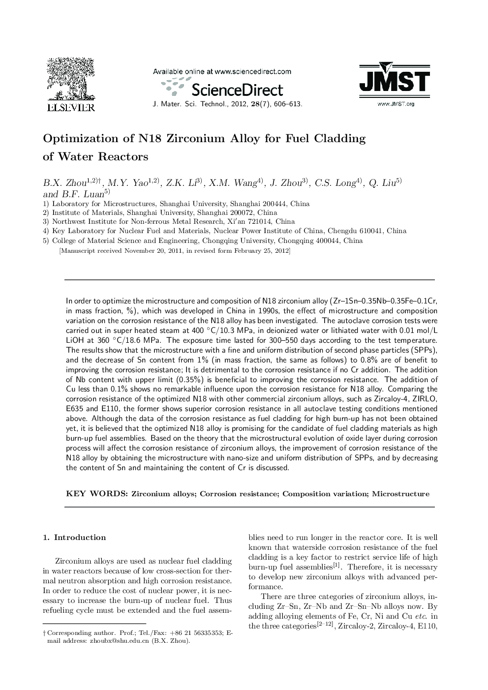 Optimization of N18 Zirconium Alloy for Fuel Cladding of Water Reactors