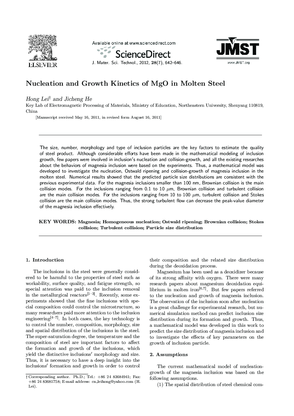 Nucleation and Growth Kinetics of MgO in Molten Steel