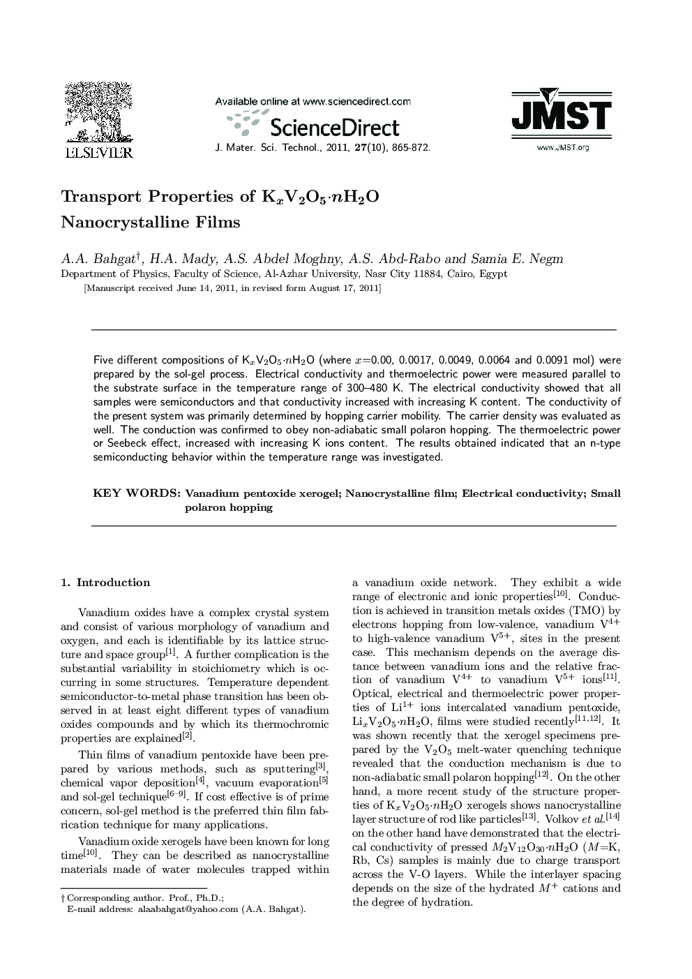Transport Properties of KxV2O5·nH2O Nanocrystalline Films