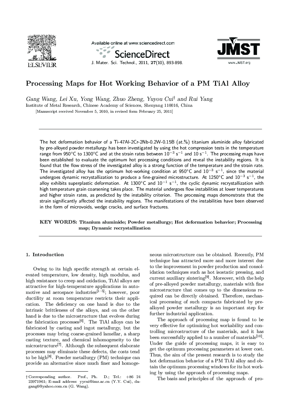 Processing Maps for Hot Working Behavior of a PM TiAl Alloy