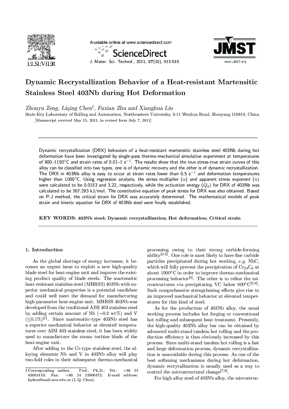 Dynamic Recrystallization Behavior of a Heat-resistant Martensitic Stainless Steel 403Nb during Hot Deformation