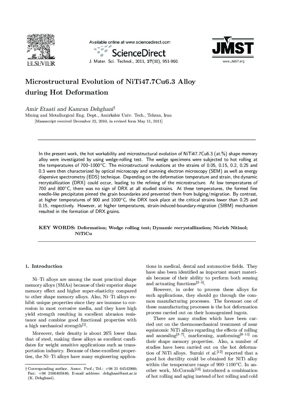 Microstructural Evolution of NiTi47.7Cu6.3 Alloy during Hot Deformation