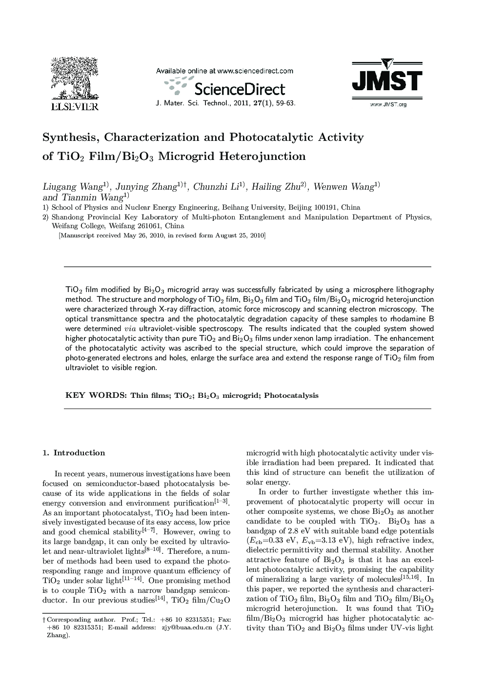 Synthesis, Characterization and Photocatalytic Activity of TiO2 Film/Bi2O3 Microgrid Heterojunction