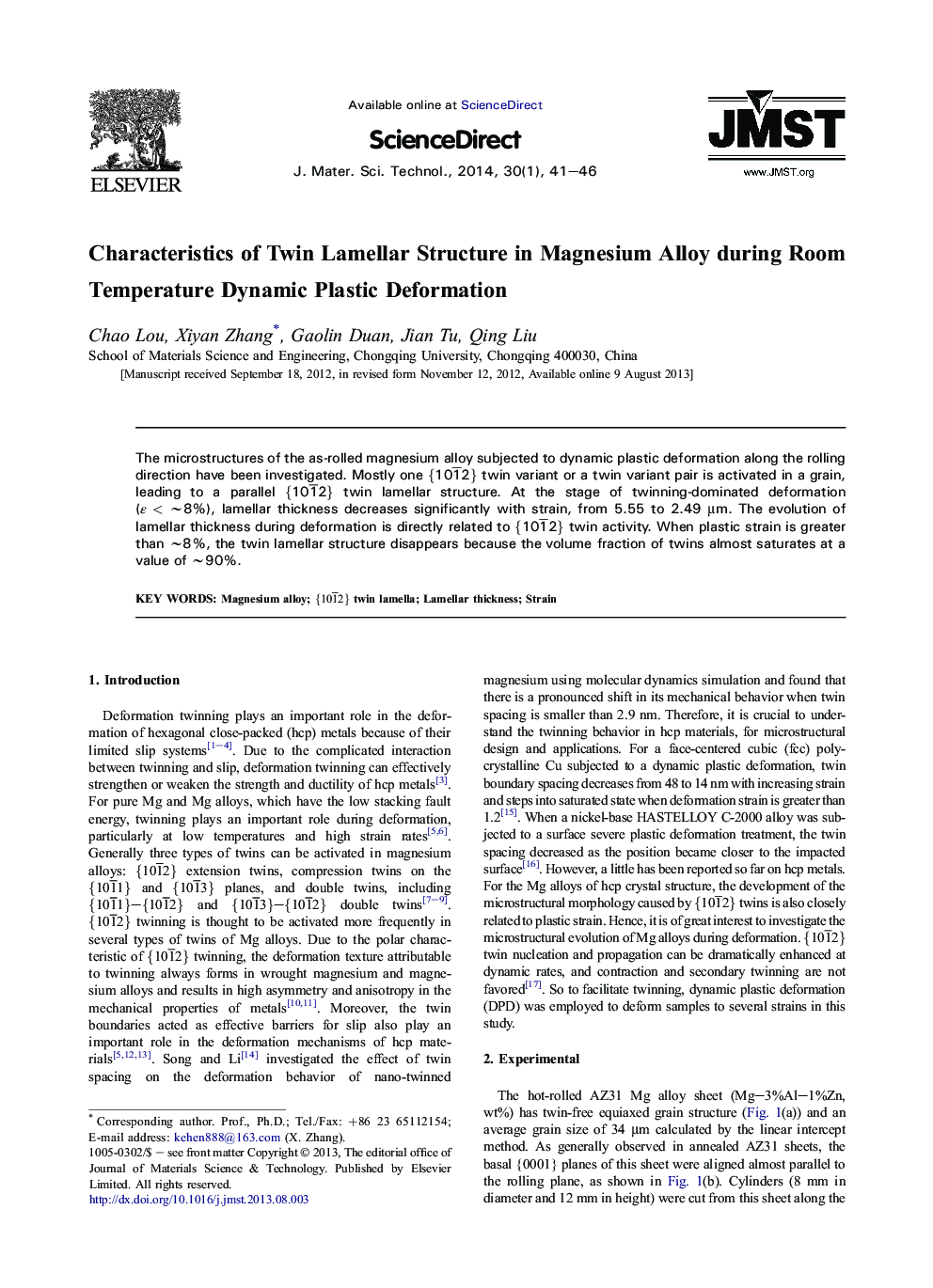 Characteristics of Twin Lamellar Structure in Magnesium Alloy during Room Temperature Dynamic Plastic Deformation