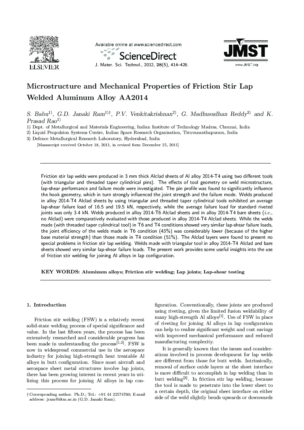 Microstructure and Mechanical Properties of Friction Stir Lap Welded Aluminum Alloy AA2014