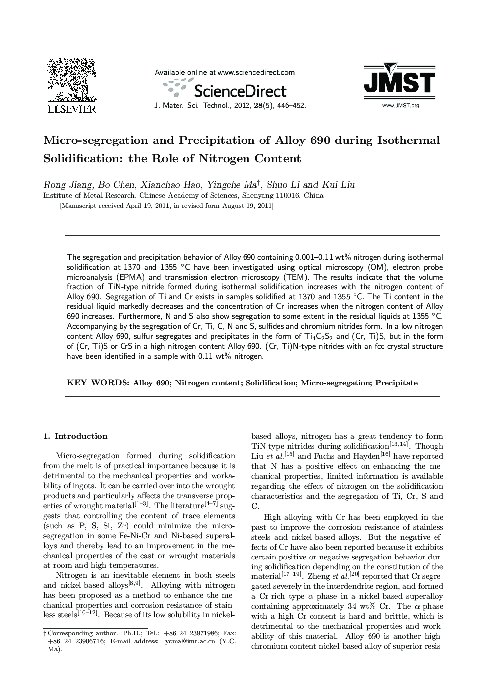 Micro-segregation and Precipitation of Alloy 690 during Isothermal Solidification: the Role of Nitrogen Content