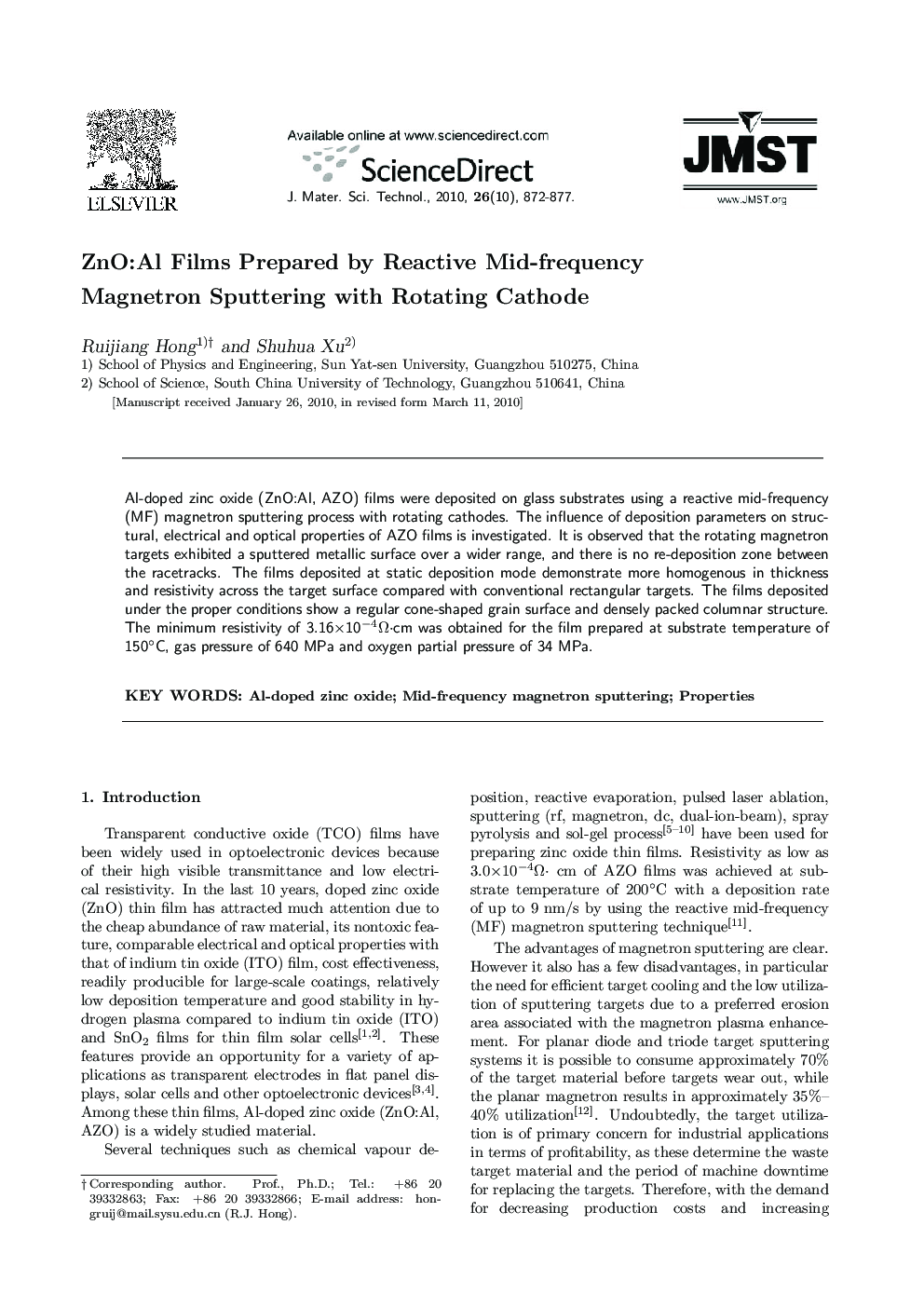 ZnO:Al Films Prepared by Reactive Mid-frequency Magnetron Sputtering with Rotating Cathode