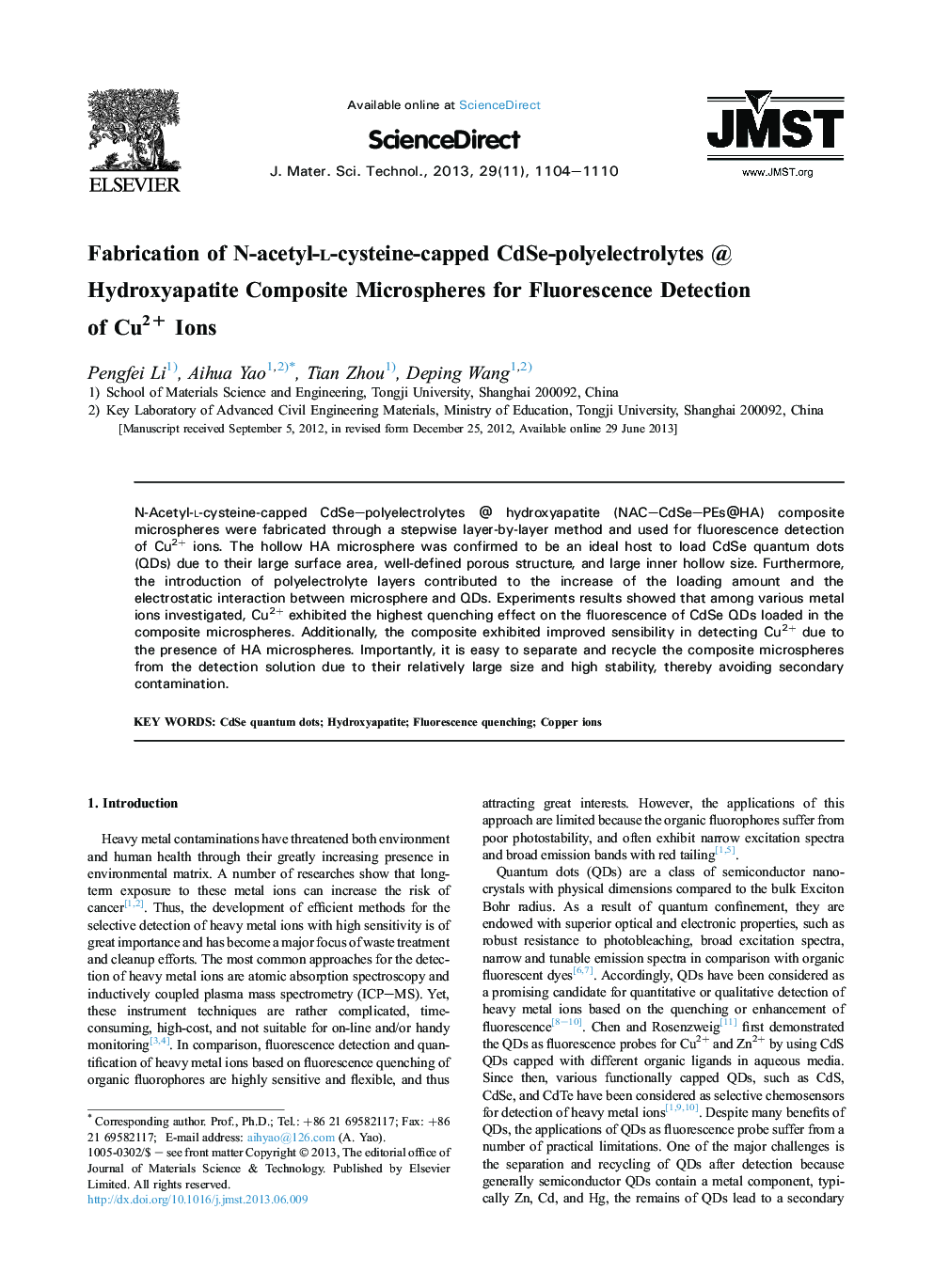 Fabrication of N-acetyl-l-cysteine-capped CdSe-polyelectrolytes @ Hydroxyapatite Composite Microspheres for Fluorescence Detection of Cu2+ Ions