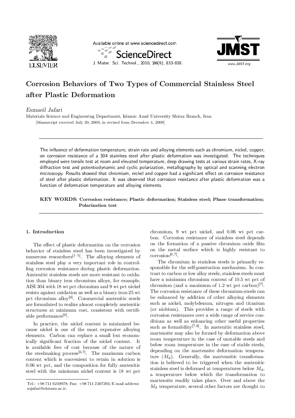 Corrosion Behaviors of Two Types of Commercial Stainless Steel after Plastic Deformation