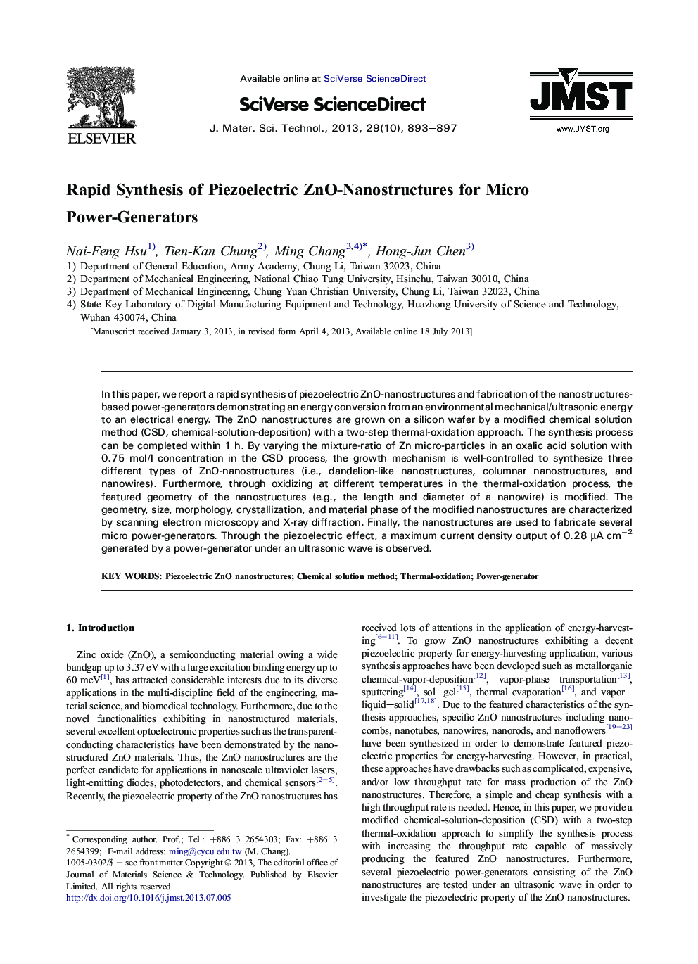 Rapid Synthesis of Piezoelectric ZnO-Nanostructures for Micro Power-Generators